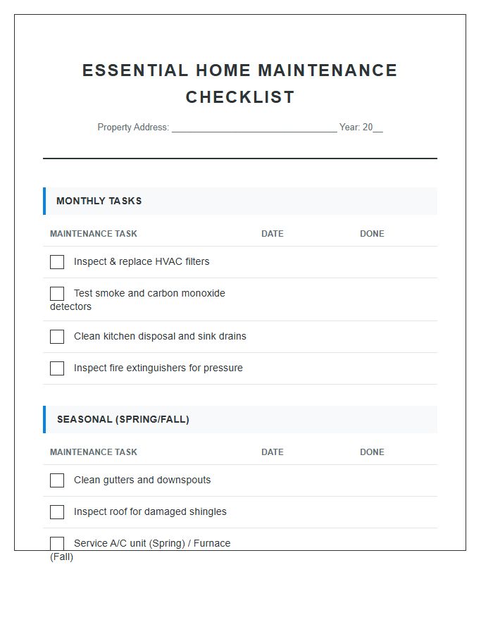 Essential Home Maintenance Checklist Printable Chart