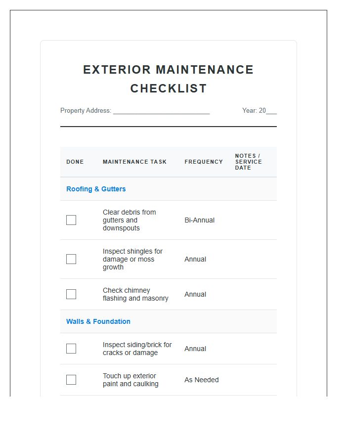 Exterior Home Maintenance Schedule Printable Chart
