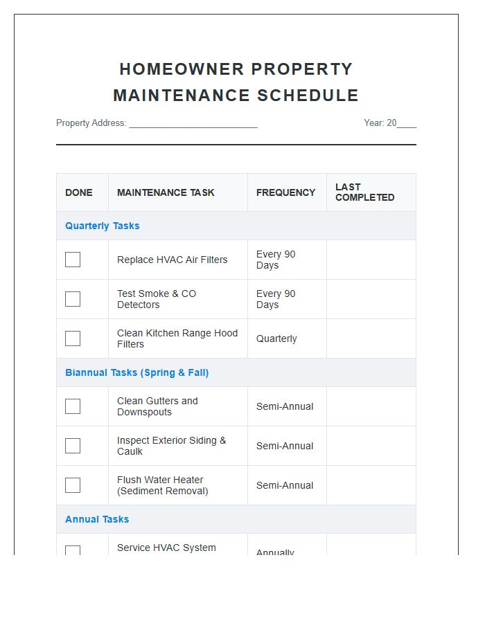 Homeowner Property Maintenance Schedule Printable Chart