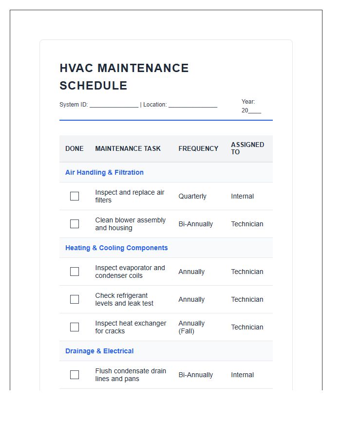 HVAC And Systems Maintenance Schedule Printable Chart