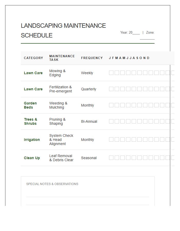 Landscaping Maintenance Schedule Printable Chart