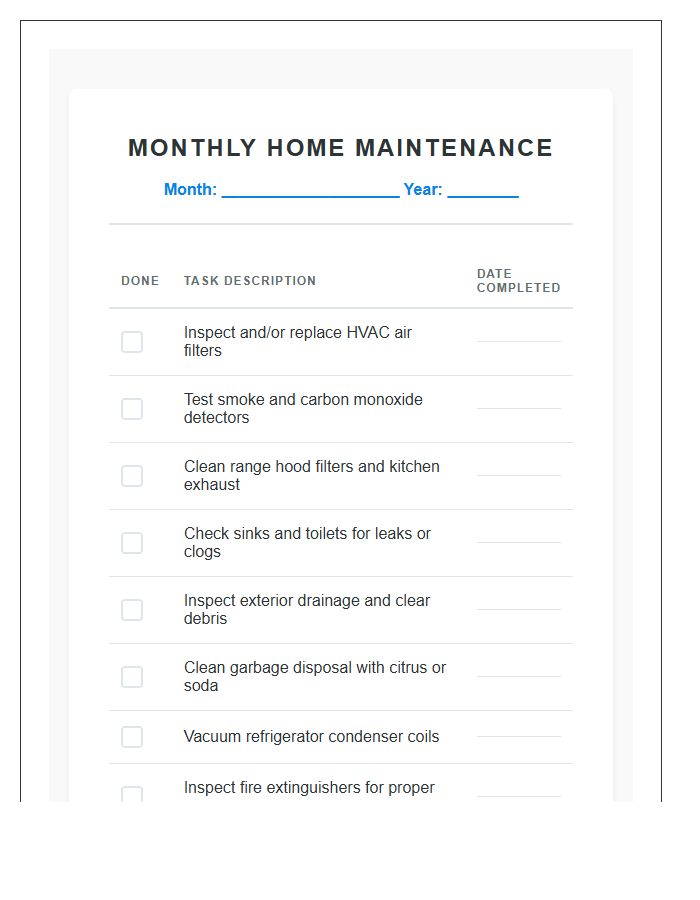 Monthly Home Maintenance Checklist Printable Chart