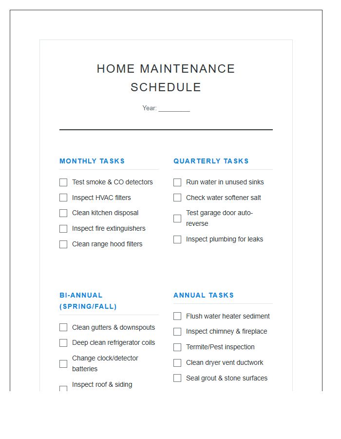 New Homeowner Maintenance Schedule Printable Chart