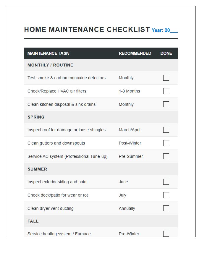 Preventative Home Maintenance Schedule Printable Chart