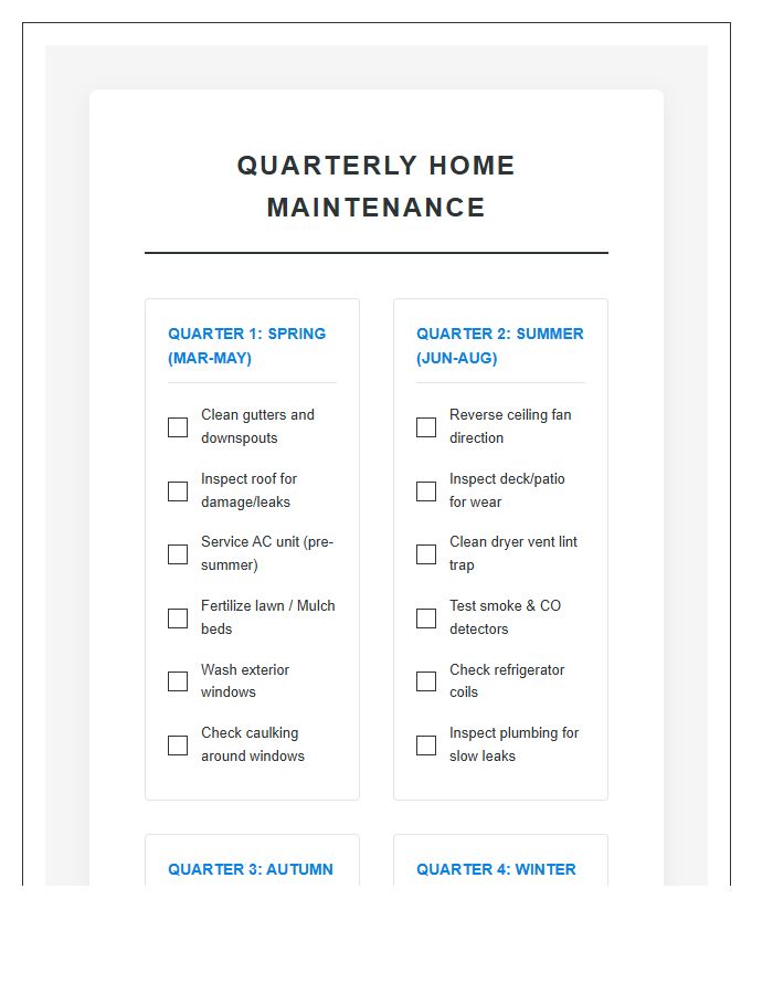 Quarterly Home Maintenance Tasks Printable Chart