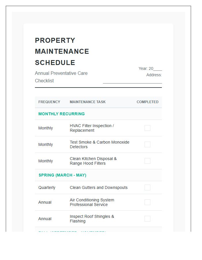 Residential Property Maintenance Schedule Printable Chart