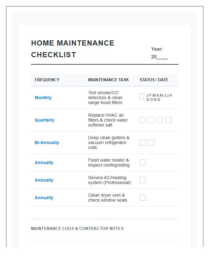 Routine Home Maintenance Task Printable Chart