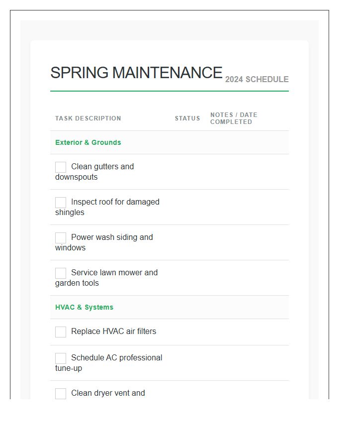 Spring Home Maintenance Schedule Printable Chart