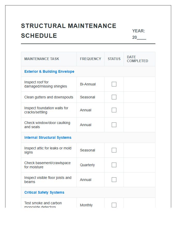 Structural Home Maintenance Schedule Printable Chart