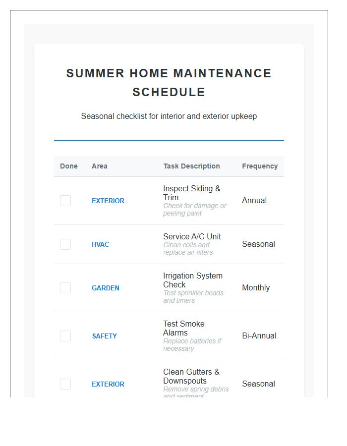 Summer Home Maintenance Schedule Printable Chart