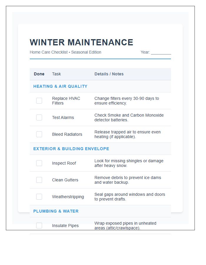 Winter Home Maintenance Schedule Printable Chart