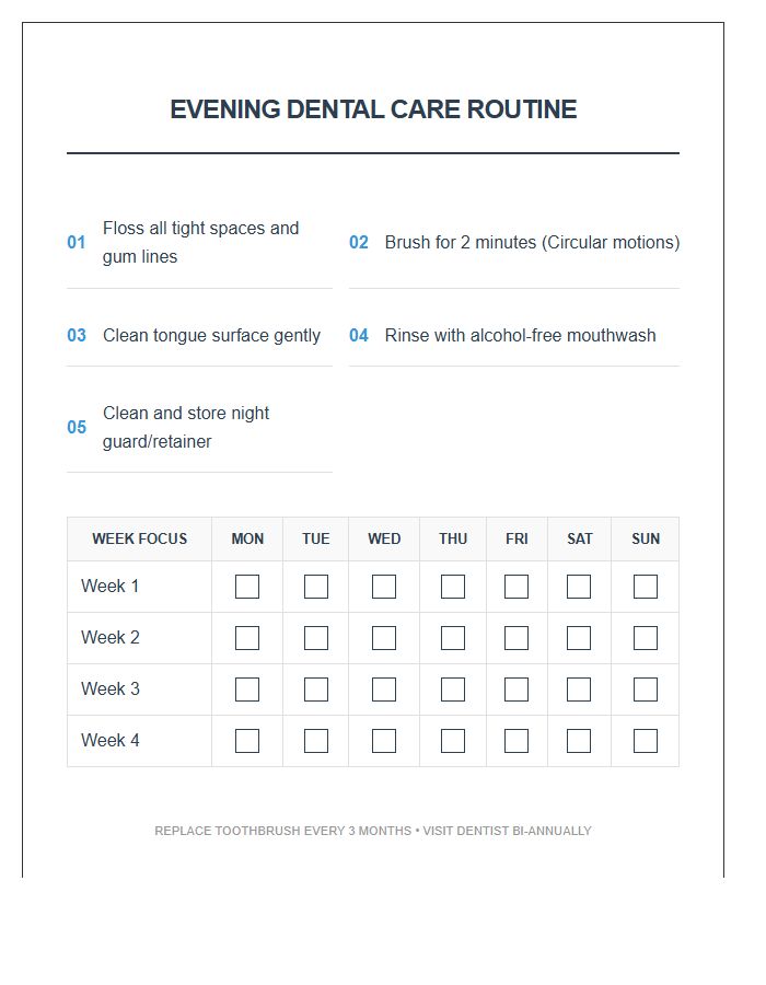Evening Dental Care Routine Printable Chart