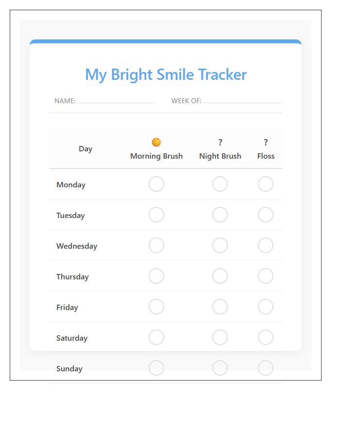 Pediatric Dental Health Routine Printable Chart