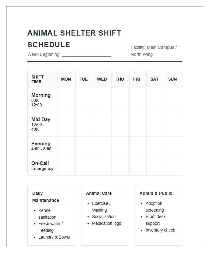 Animal Shelter Volunteer Shift Work Schedule Printable Chart