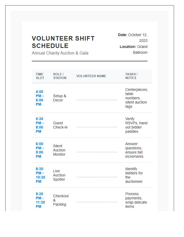 Charity Auction Volunteer Shift Work Schedule Printable Chart