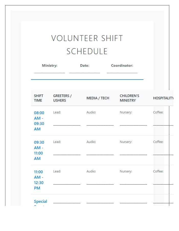 Church Volunteer Shift Work Schedule Printable Chart