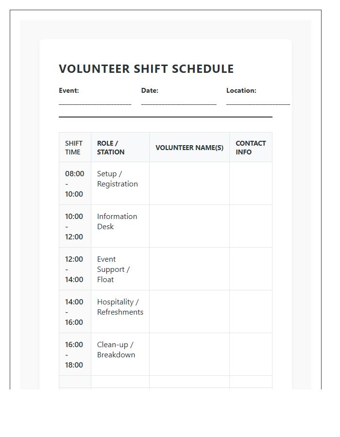 Community Event Volunteer Shift Work Schedule Printable Chart