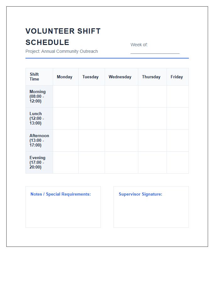 Corporate Volunteer Shift Work Schedule Printable Chart