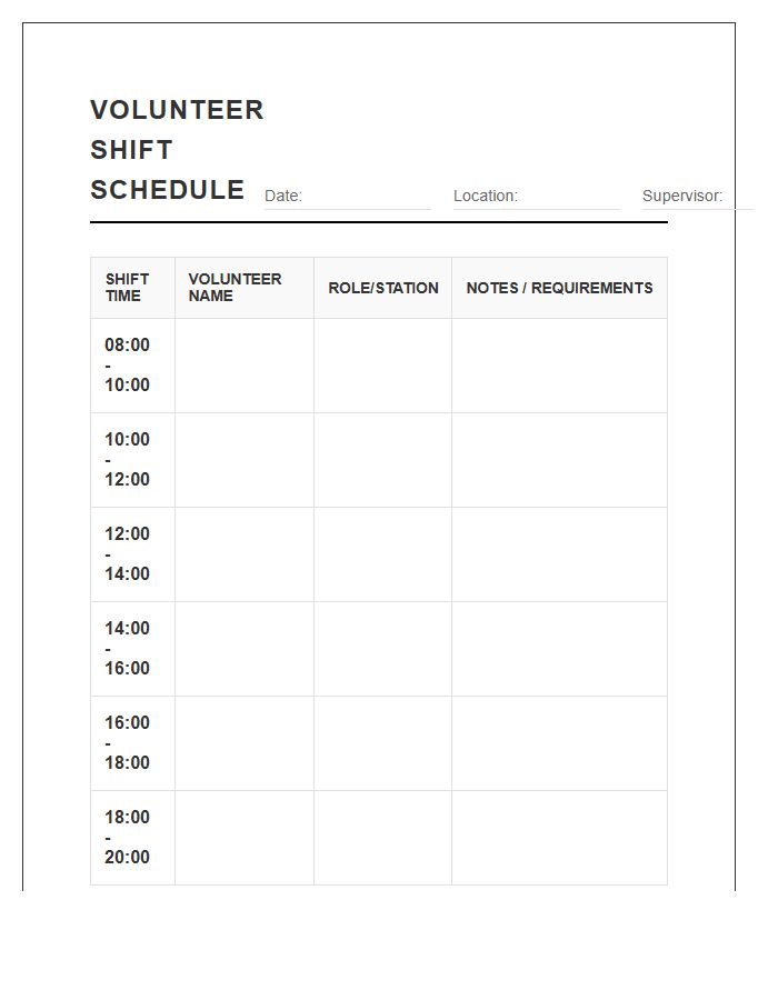 Daily Volunteer Shift Work Schedule Printable Chart