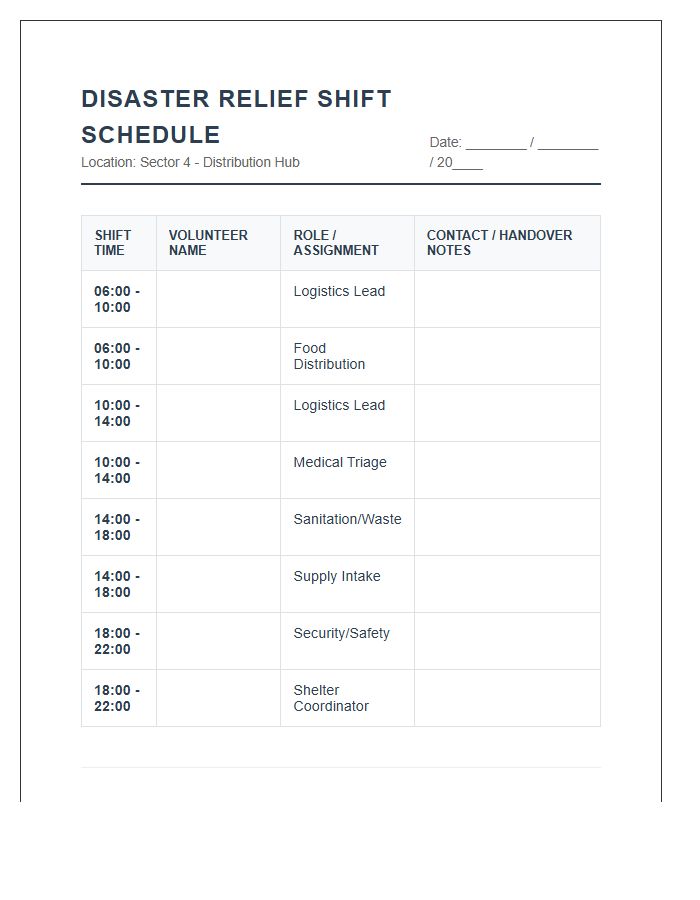 Disaster Relief Volunteer Shift Work Schedule Printable Chart