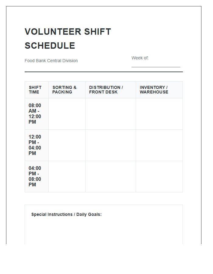 Food Bank Volunteer Shift Work Schedule Printable Chart