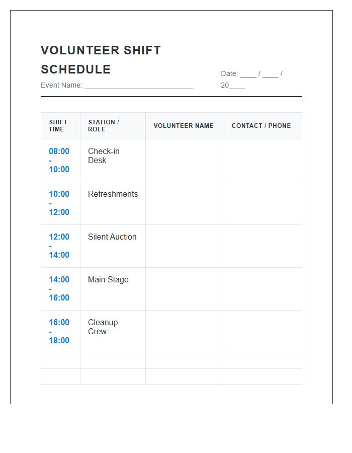 Fundraiser Volunteer Shift Work Schedule Printable Chart