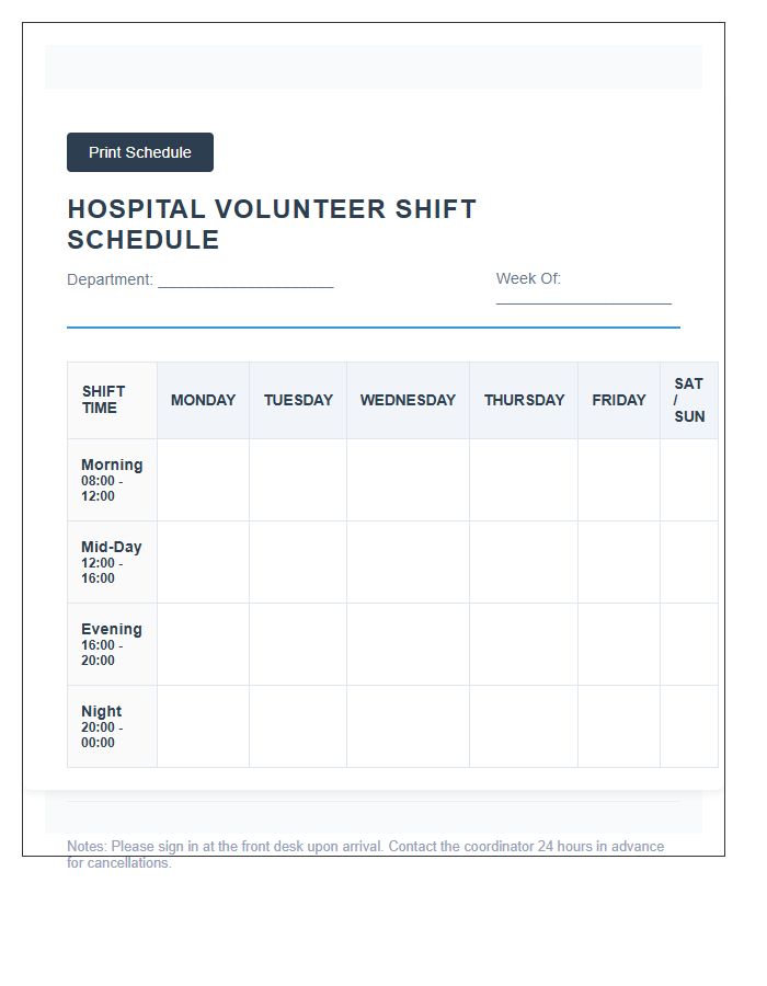 Hospital Volunteer Shift Work Schedule Printable Chart