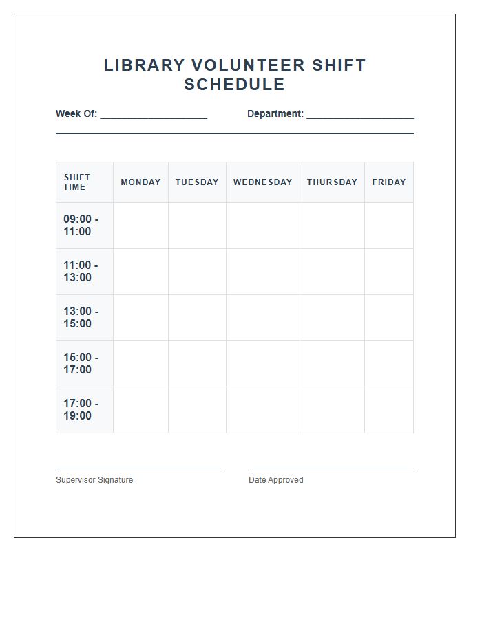 Library Volunteer Shift Work Schedule Printable Chart