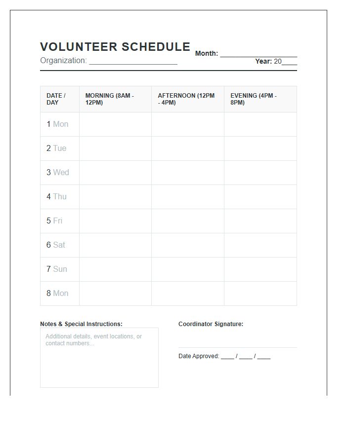 Monthly Volunteer Shift Work Schedule Printable Chart