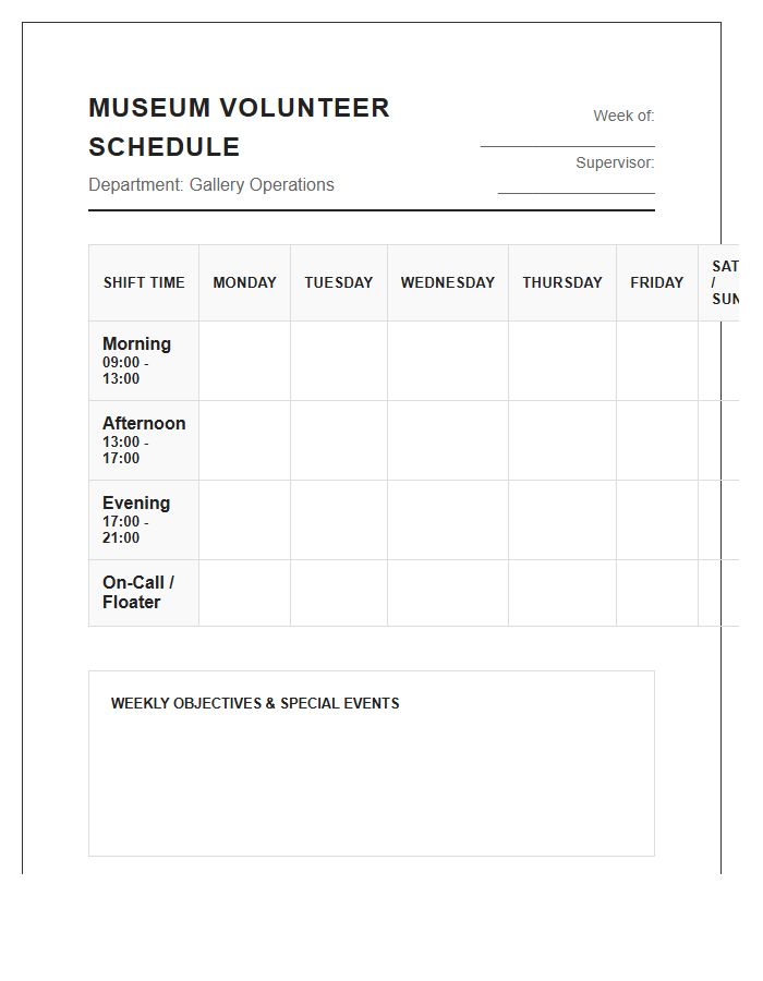 Museum Volunteer Shift Work Schedule Printable Chart