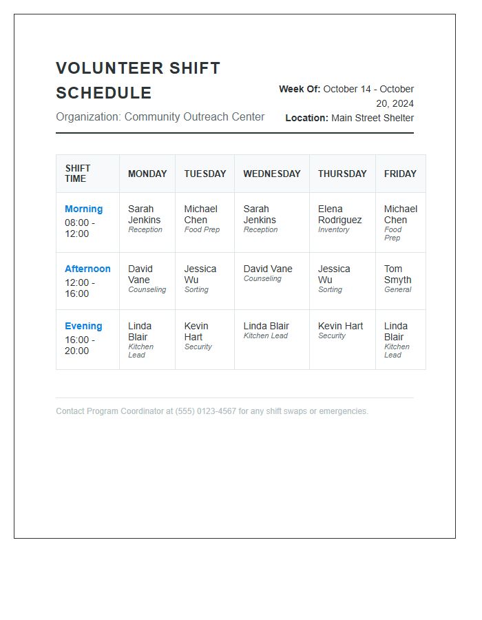 Nonprofit Volunteer Shift Work Schedule Printable Chart
