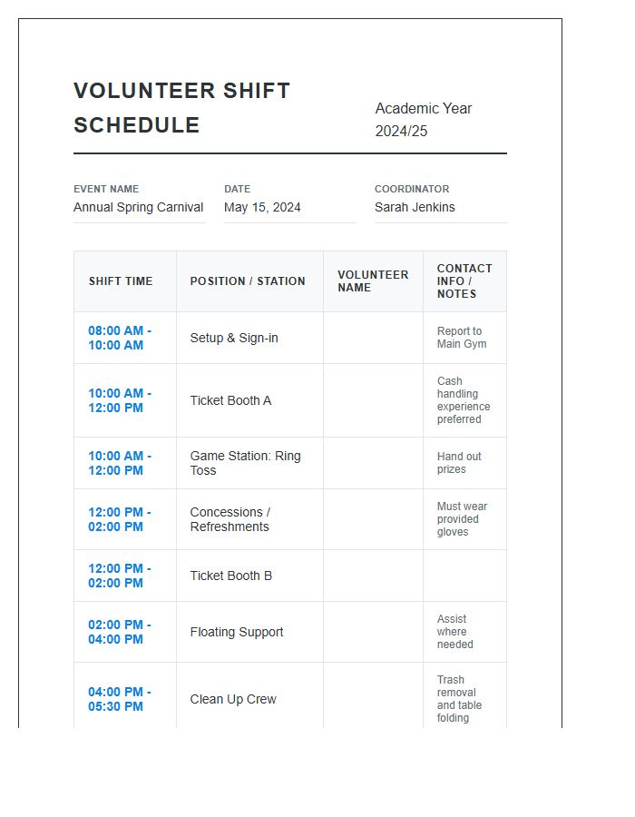 School Event Volunteer Shift Work Schedule Printable Chart
