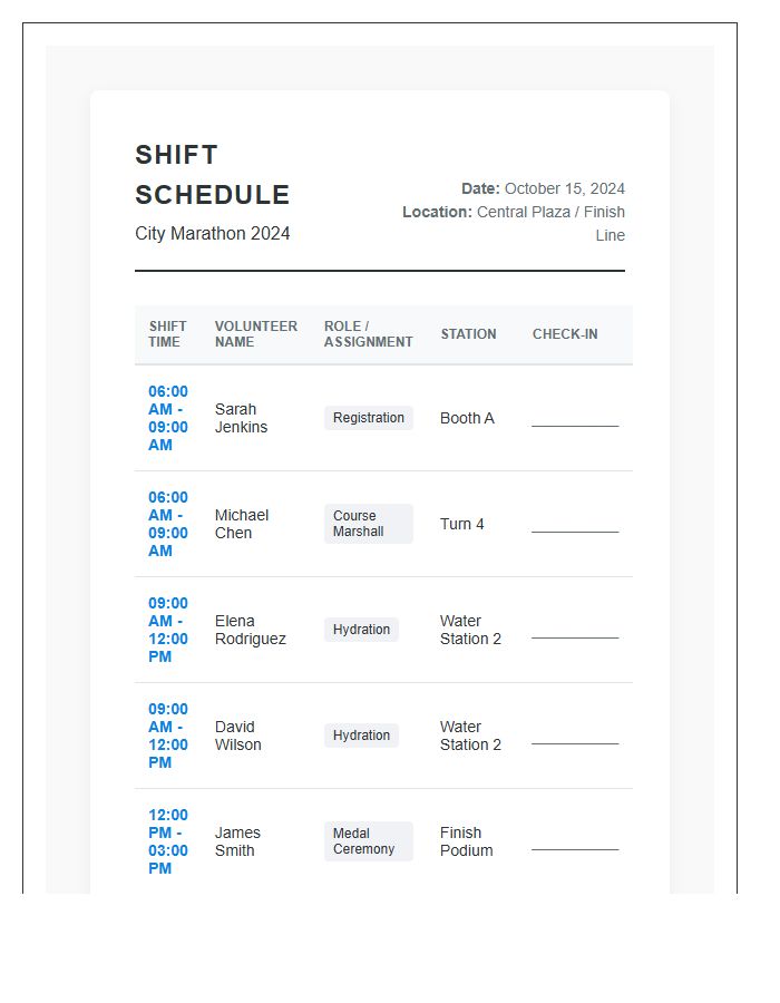 Sports Event Volunteer Shift Work Schedule Printable Chart