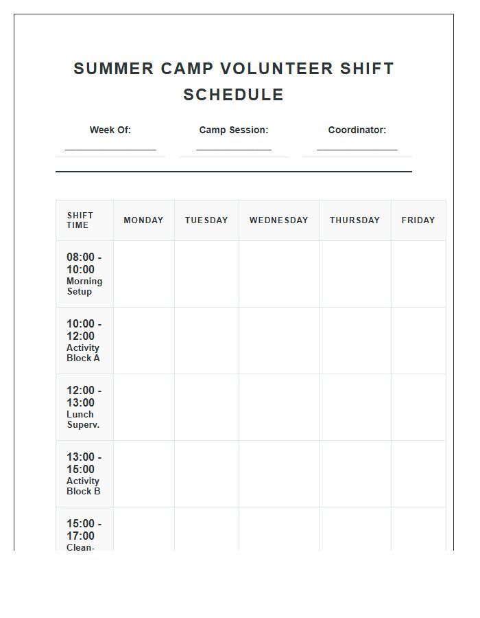 Summer Camp Volunteer Shift Work Schedule Printable Chart