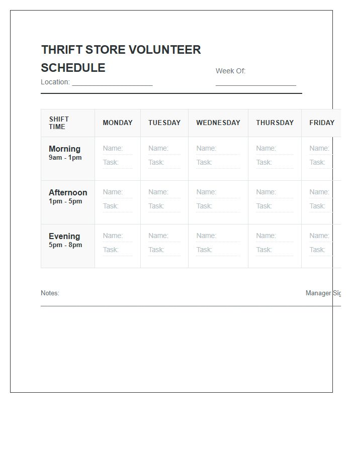 Thrift Store Volunteer Shift Work Schedule Printable Chart