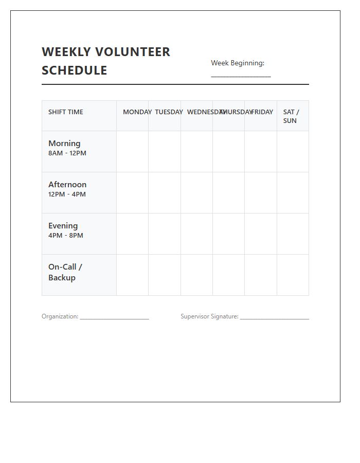 Weekly Volunteer Shift Work Schedule Printable Chart