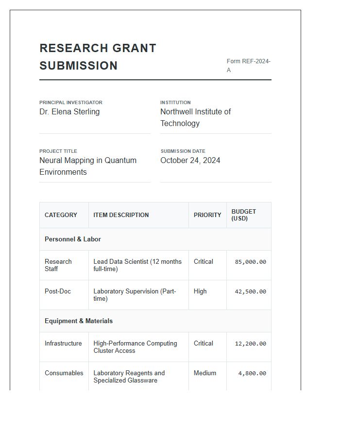 Academic Research Grant Submission Printable Chart