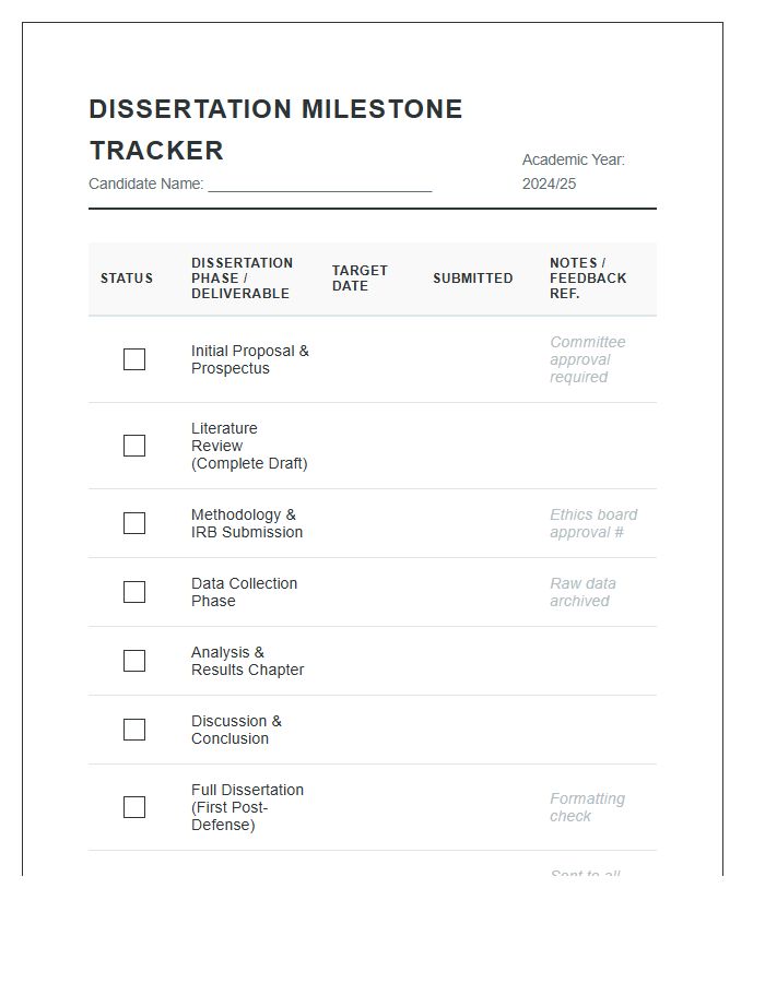 Doctoral Dissertation Submission Tracker Printable Chart