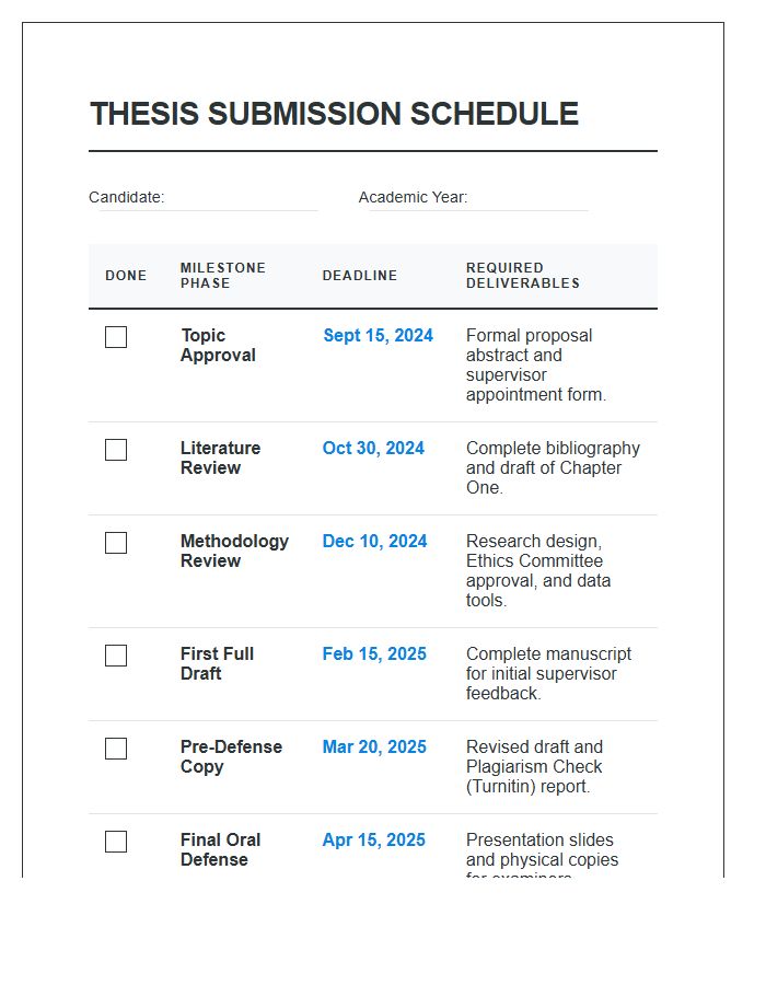 Graduate Thesis Submission Schedule Printable Chart