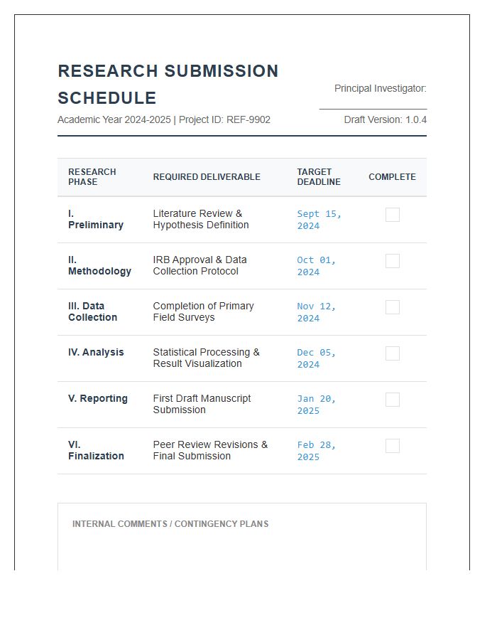Professional Research Submission Schedule Printable Chart