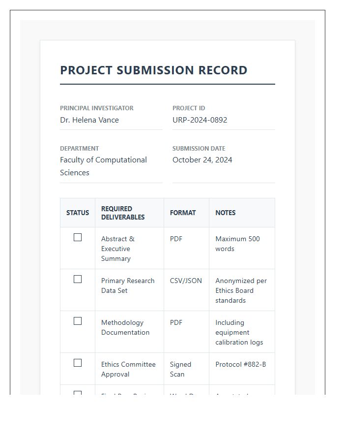 University Research Project Submission Printable Chart