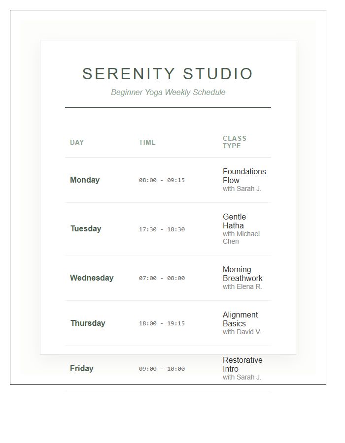 Beginner Yoga Class Schedule Wall Chart Printable