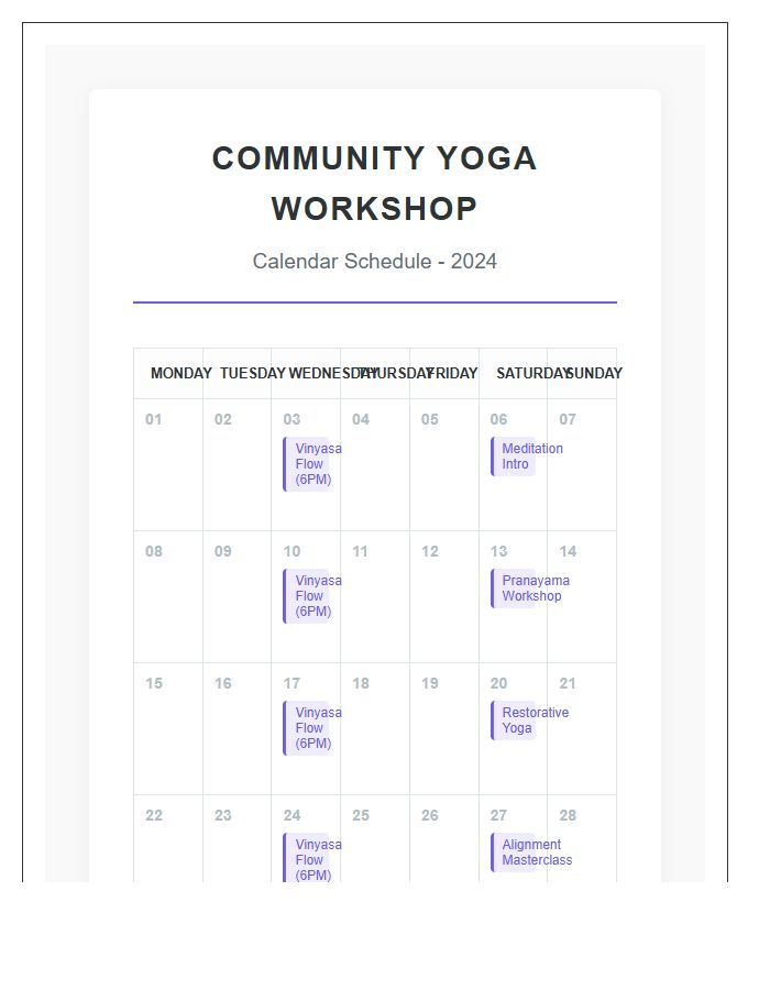 Community Yoga Workshop Calendar Chart Printable