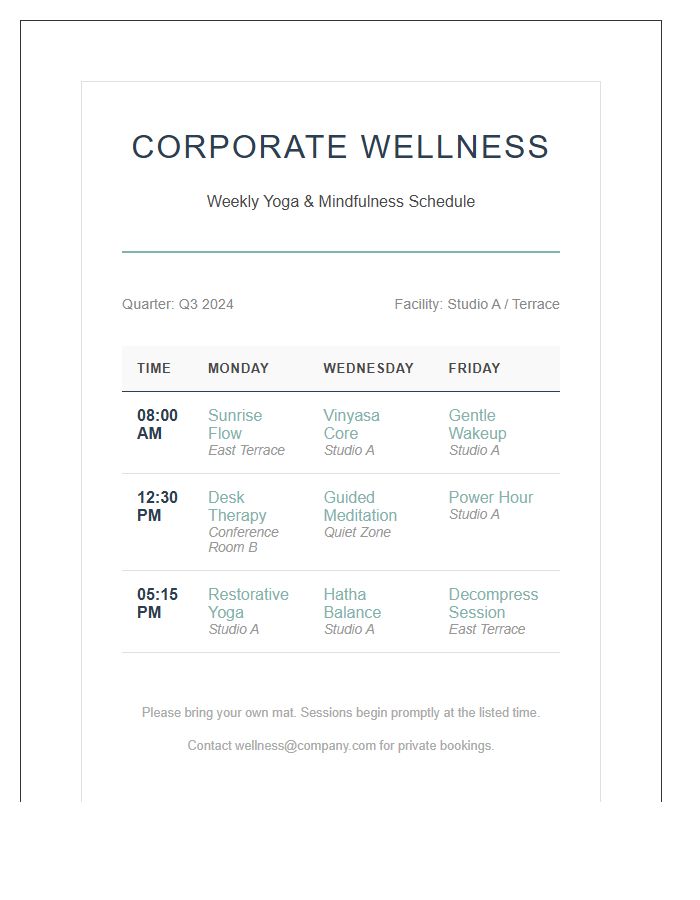 Corporate Yoga Program Schedule Chart Printable