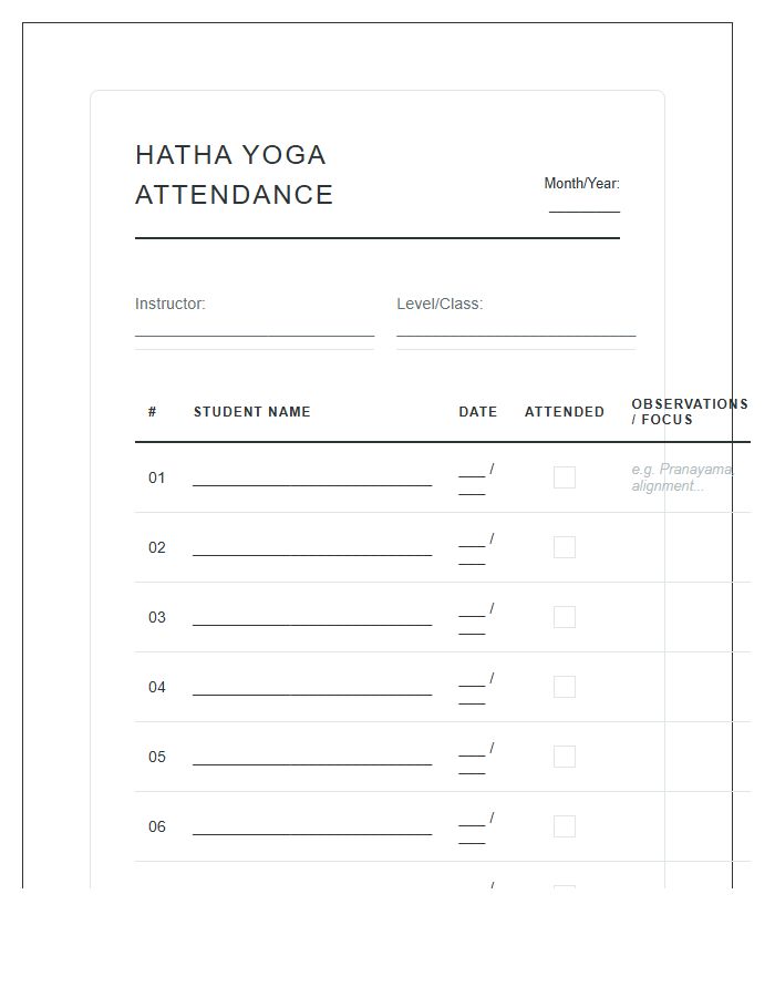 Hatha Yoga Student Attendance Chart Printable