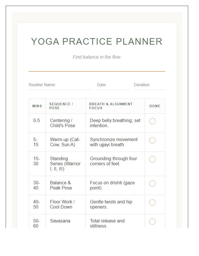 Home Yoga Routine Planning Chart Printable