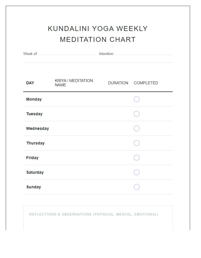 Kundalini Yoga Weekly Meditation Chart Printable