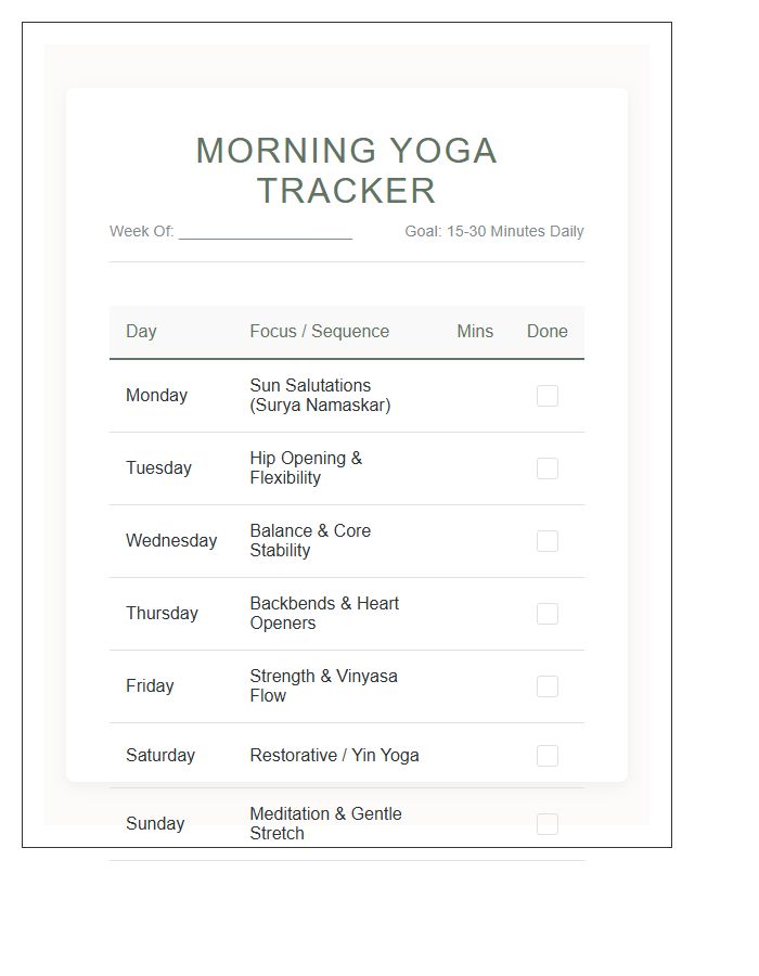 Morning Yoga Session Weekly Chart Printable