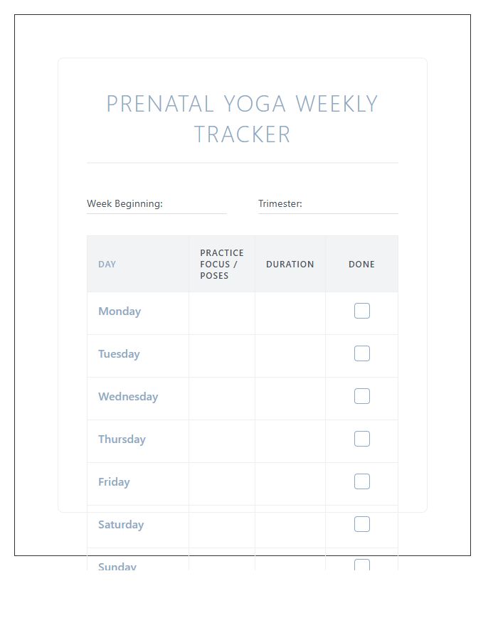Prenatal Yoga Weekly Activity Chart Printable