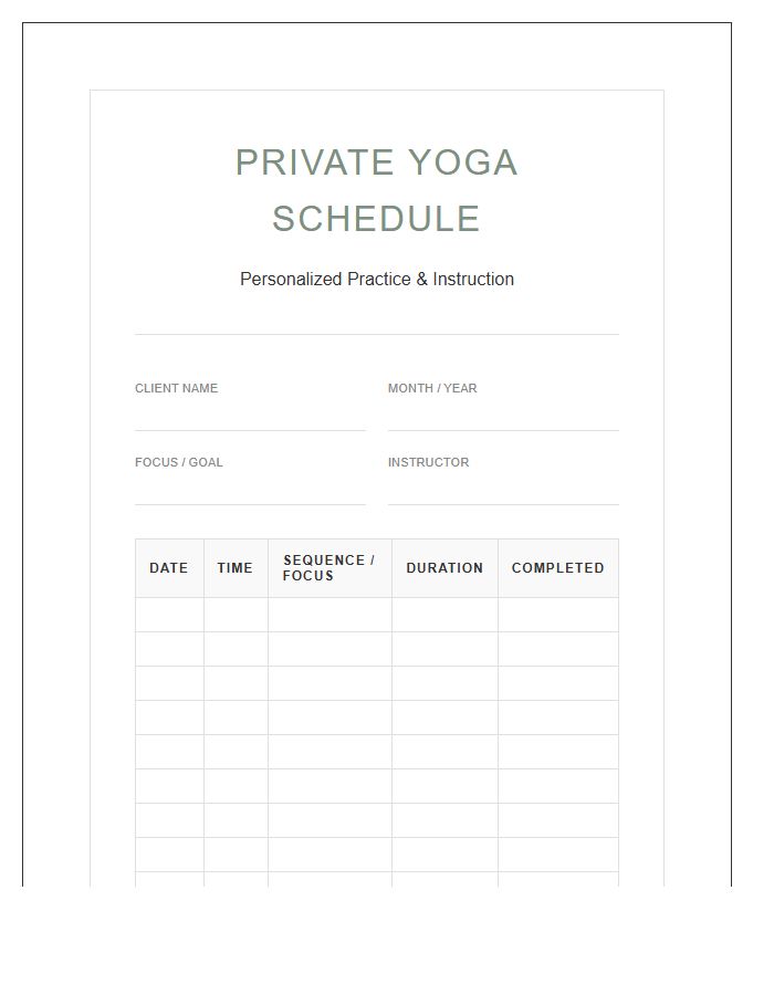 Private Yoga Instruction Schedule Chart Printable